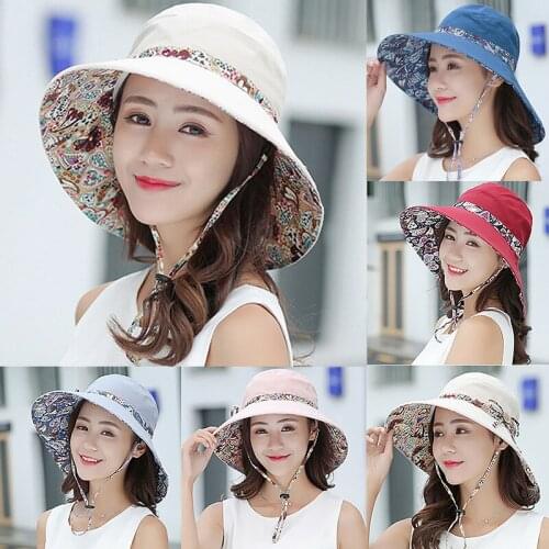 Summer Women Double-sided Cotton Linen Sun Hat Elegant Big Wide Brim Foldable Anti-UV Beach Sun Floppy Hats Flat Fisherman Caps