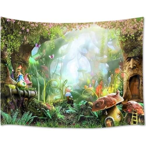 Fairy Tale Forest Tapestry Wall Hanging Magic Mushroom and Trees Wall Tapestry Spring Scenery
