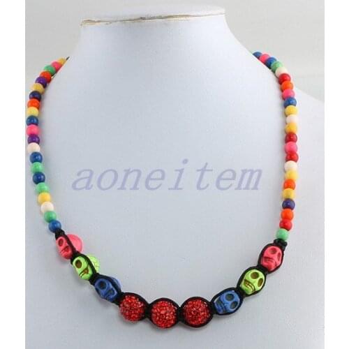 Rhinestone Crystal Glass Long Necklace Multicolor Howlite Turquoise Round Stone Beads Women Jewelry