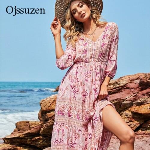 New 2021 Bohemian Style Maxi Dress For Women Fashion Long Print Dresses Summer Ladies V Neck Beach Vestidos Femme