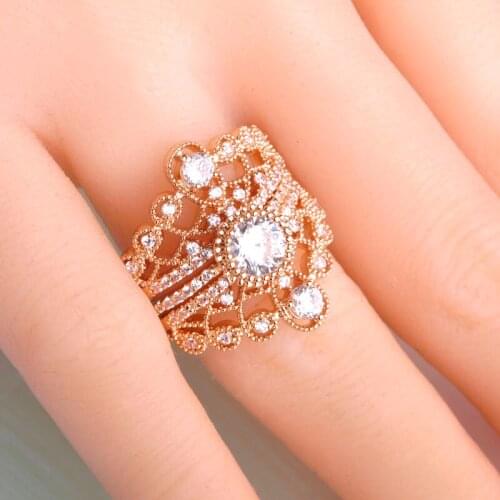 Blucome Unique Three Stackable Rings Gold Color Crown Round Cubic Zircon Ring For Women Bridal Hollow out Three Finger Ring Set