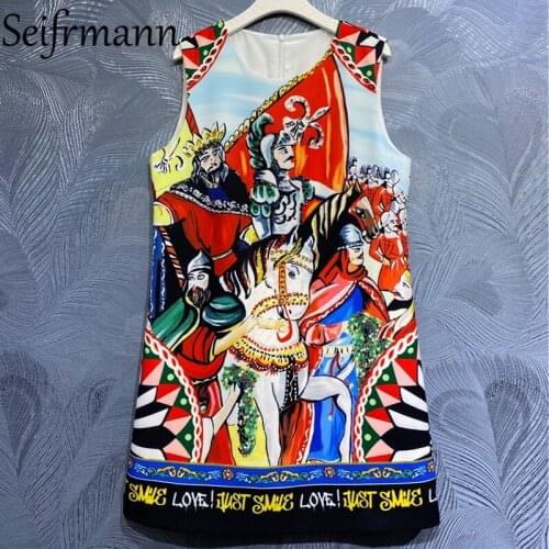 Seifrmann New 2021 Summer Women Fashion Runway Short Dress Sleeveless Gorgeous Crystal Beading Vintage Print Dresses Vestidos