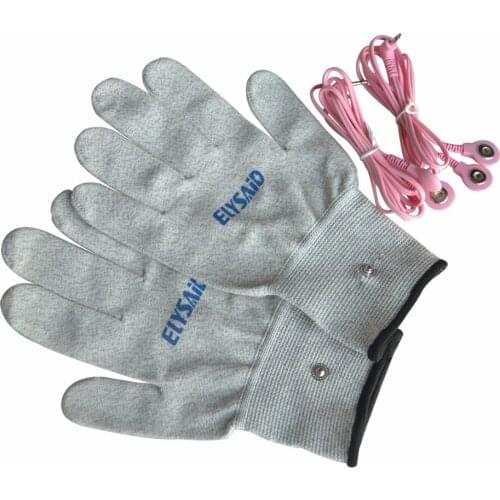 1Pair Conductive Silver Fiber Breathable Electrotherapy Massage TENS Electrode Gloves+2Pcs Pink 2 in 1 Connecting Wire Cable