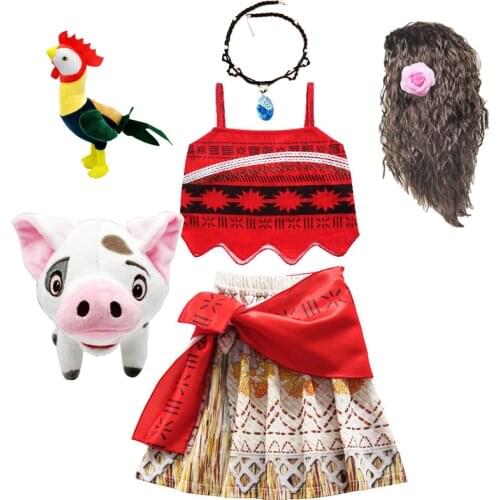 2021 Girls Moana Cosplay Costume for Kids Vaiana Princess Dress with Necklace Halloween Costumes Baby Children Party Clothes