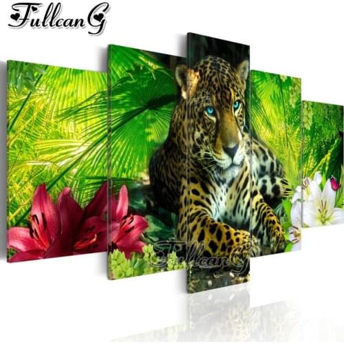 FULLCANG 5 piece diy diamond painting red flower leopard animal full square/round drill mosaic embroidery sale needlework FC2286
