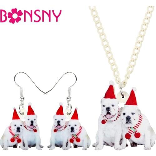 Bonsny Acrylic Christmas Sweet Double Bull Dog Jewelry Set Necklace Earrings Festival Decoration Jewelry Lady Girls Charms Gift