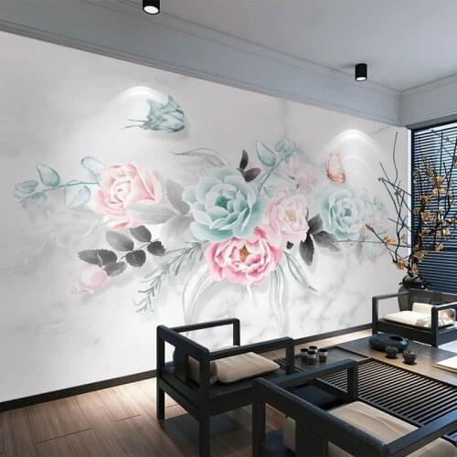 Custom Mural Wallpaper 3D Hand Painted Rose Flower Butterfly Jazz White Marble TV Background Wall Decor Papel De Parede Sala 3 D
