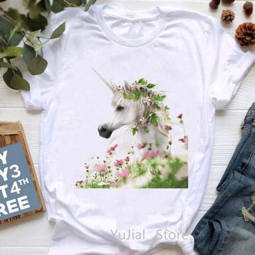 Watercolor Unicorn Flowers Print T-Shirt WomenS Clothing 2021 Tshirt Femme Summer Tops Tee Shirt Female Streetwear