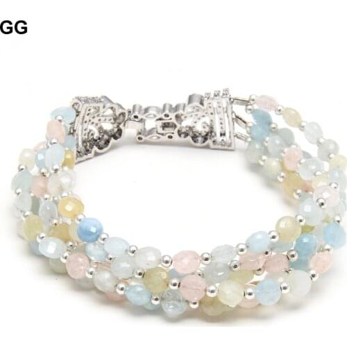 GG Jewelry Natural Faceted Coin Shape Natural Morganite Aquamarine Bracelet Cubic Zirconia CZ Pave Clasp Ethnic Style For Women