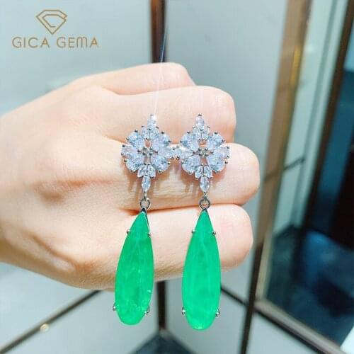 GICA GEMA Women Emerald Earrings Vintage 925 Sterling Silver 10*30mm Water Drop Ear Drop Zircon Green Gemstone Wedding Jewelry