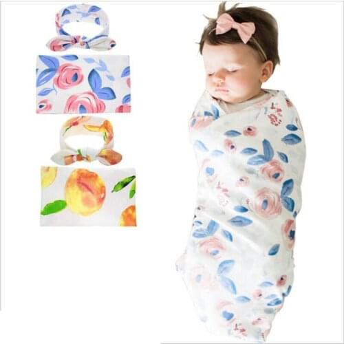 Cotton Blend Baby Blanket Swaddle Two Piece Set Cartoon Flower Scarf Multifunction Wrap Burp Cloths Accessories