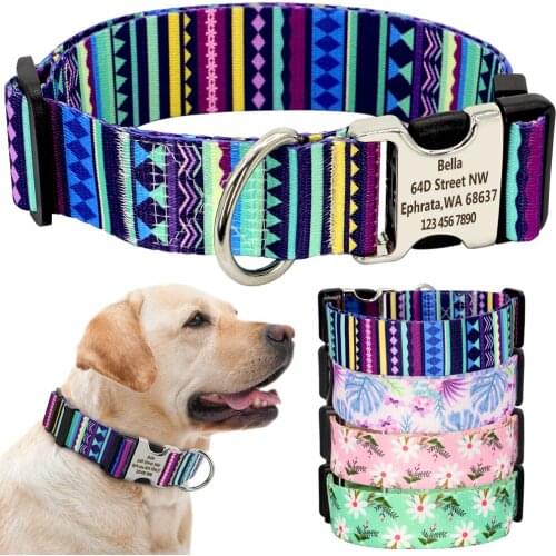Colorful Print Dog ID Collar Personalized Dogs Collars With Engraved Tag Nameplate Anti-lost For Medium Large Big Dogs Pitbull