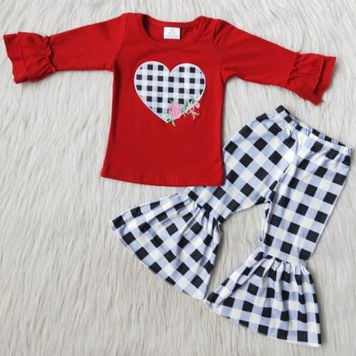 Fashion Baby Girls Designer Clothes Valentines Day Embroidery Girls Boutique Bell Bottom Outfits Wholesale Children Clothing RTS