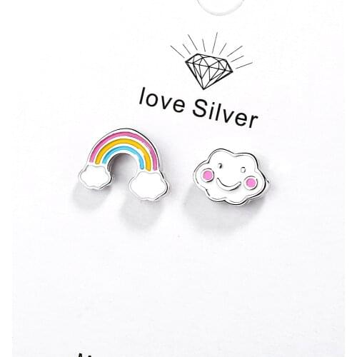 925 Sterling Silver Fashion Lovely Rainbow Cloud Asymmetric Stud Earrings Cute Drop Glaze Ear Jewelry For Women Girls S-E956