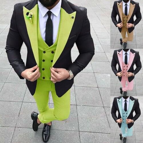 New Formal Grass Green Mens Suit Set Tarilored Business Blazer Tuxedo Groom Wedding Suit Jacket Pants Double Breasted Vest 3Pcs