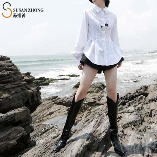 Women Shirts Female Blouses Ladies Tops Japan Style Designer Fall Spring Turn-Down Collar Lantern Sleeve Buttons Gathering Wave