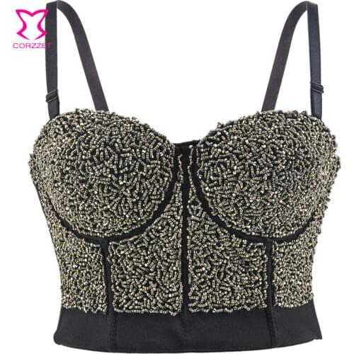 Silver Beading Sexy Push Up Bra Bustier Crop Top Bralette Women Night Club Show Party Wear Punk Rave Gothic Brasieres Para Mujer