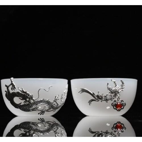 Silver Dragon Phoenix Jade Porcelain Tea Cup High White Porcelain Tea Set Kung Fu Tea Cups Tea Cup Drinkware Drink Cup Tea Bowl