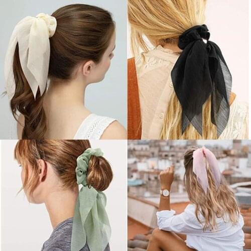 Chiffon Scarf Long Ribbons Hair Accessories Women Fashion Layered Solid Color Elastic Hair Bands Girl Ponytail Holder Scrunchie