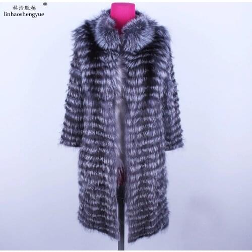 Linhaoshengyue 85cm long real Silver fox red fox fur coat