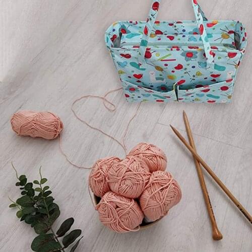 Yarn Fabric Storage Bag Blue Cartoon Patterns Printed Oxford Cloth Tote Bag with Individual Inner Pocket Zipper Handle Bag