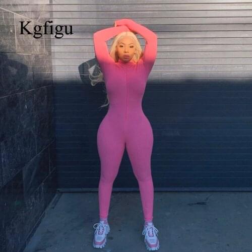 KGFIGU Knitted Ribbed Suits Good Stretch Fitness Jumpsuit Women Sexy Long Sleeve Pink Rompers Ladies Bodycon Slim Overalls