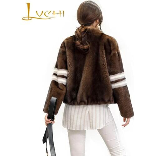 LVCHI Winter2017 V-Neck Real Mink Fur Coat Womens Long Sleeve Striped On Shoulder Jacket Coat Slim Short Causal Silm Mink Coats