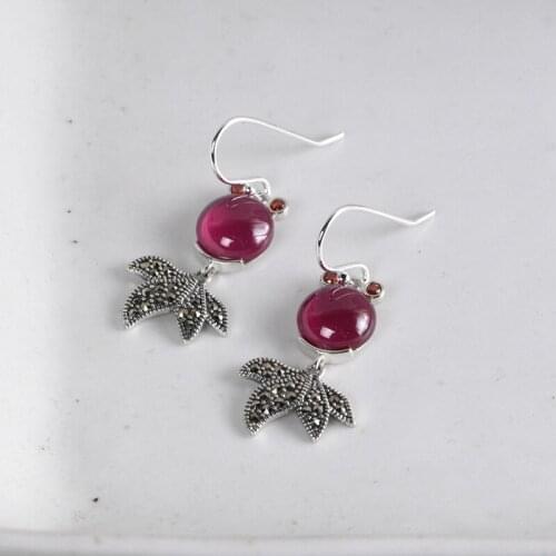 FNJ 925 Silver Earrings Green Agate Original S925 Sterling Silver Drop Earring for Women Jewelry MARCASITE Fish Black Rose Stone