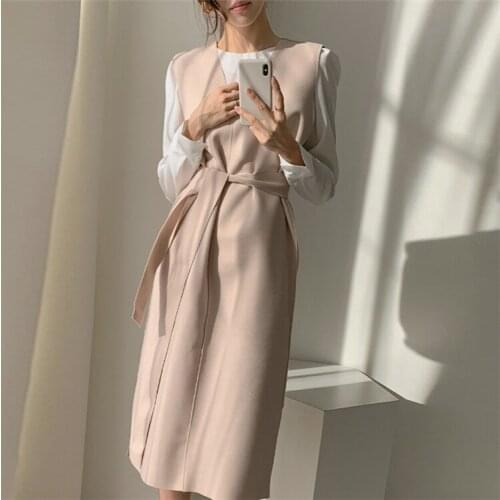Sleeveless New 2020 Autumn Spring Women Dresses Sashes Solid Split Straight Knitting Warm Sweater Elegant Office Ladies 179i