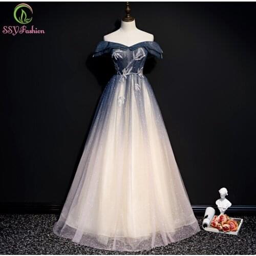 SSYFashion New Romantic Gradient Grey Blue Evening Dress Boat Neck Sequins Appliques Shining Long Formal Gown Vestido De Noche