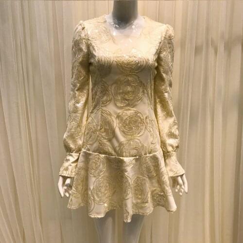 2021 Spring Autumn Summer Dress for Women Mini Long Sleeve V-Neck Rose Sequin Beading Party Club Vintage Robes Vestidos Korean