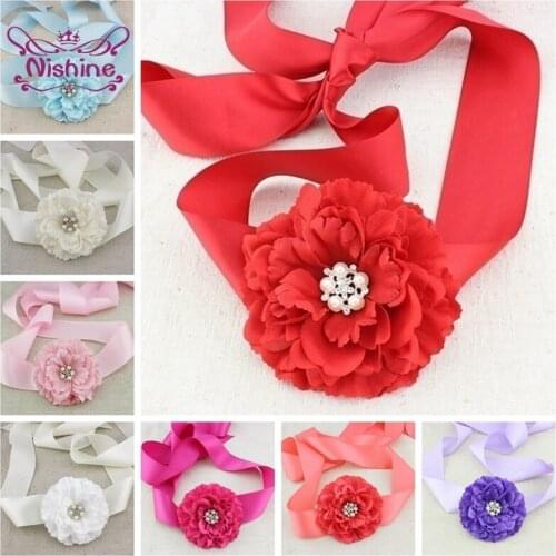 8 Colors Boutique Pearl Rhinestone Peony Flower Sash Maternity Pregnancy Belly Belt Women Clothing Accessories Festival Gifts