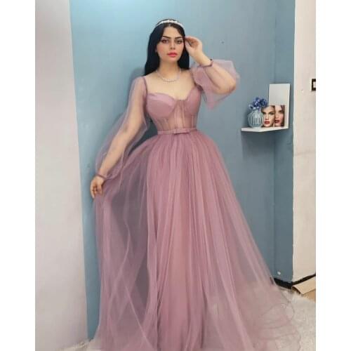 Long A-Line V-Neck Black Evening Dresses with Sleeves Zipper Back Tulle Abendkleid Robes de Soirée for Women