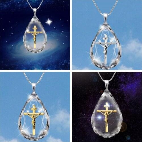 Crystal Waterdrop Pendant Necklace Jesus Cross Necklace Choker Charm Christian Couple Jewelry Gift