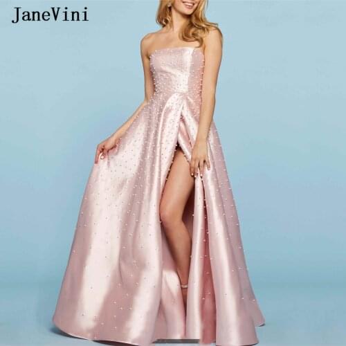 JaneVini Dubai Blush Pearls Long Prom Dresses A Line 2020 Arabic Strapless Sexy High Split Satin Prom Party Gowns Turkish Kaftan