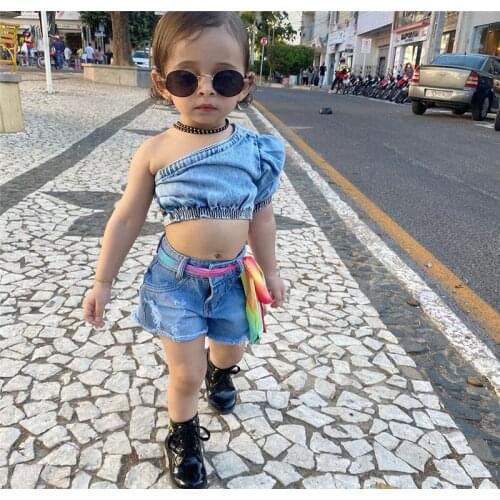 Cool Girls Two Piece Set Kids Single Shoulder Crop Tops Denim Shorts With Pockets for Children