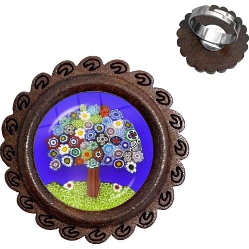 Tree Of Life Rings Murano Millefiori 20mm Glass Cabochon Adjustable Wood Rings Jewelry For Women Men Gift Wholesale
