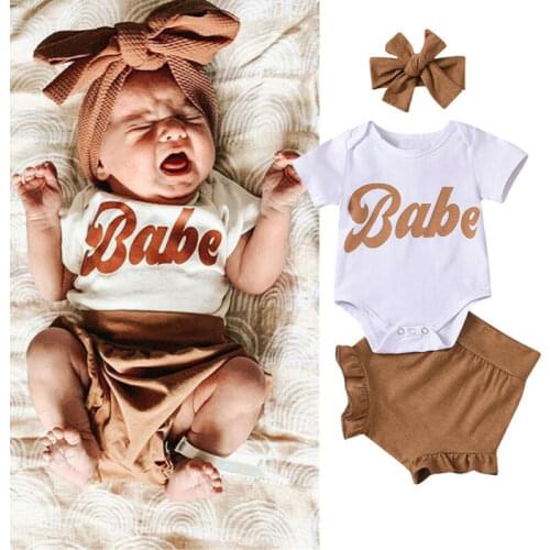 3 PCS Newborn Baby Girl Clothes Set Letter Print Short Sleeve Romper Solid Color Short Pants and Hairband Outfits