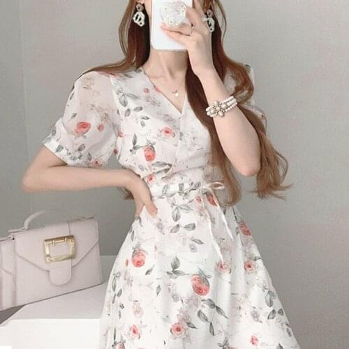 Korean Chic Sweet Temperament Was Thin V-Neck Tie Waist Mid-Length Floral Chiffon Puff Sleeve Dress Female