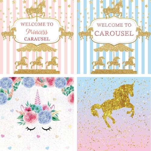 Leacco Gold Unicorn Birthday Party Carousel Baby Cartoon Customized Poster Portrait Photographic Background Photo Backdrops