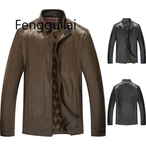 FENGGUILAI Leather Jacket Men Middle Aged Dad New Autumn Winter Jacket Collar Thin Velvet Large Size Simple Mens Leather Jacket