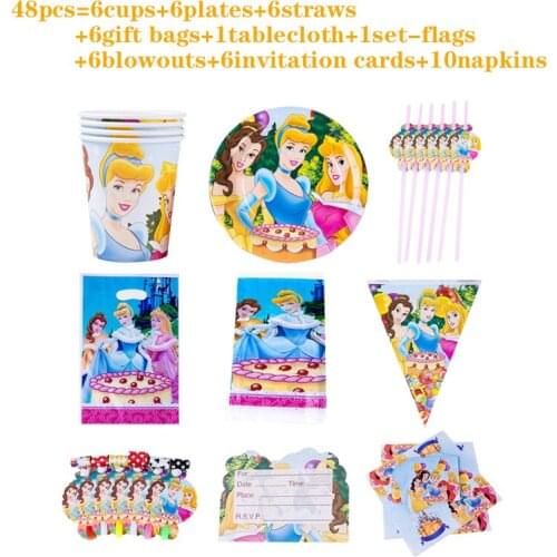 1set Disney Princess Printed Disposable Paper Tableware Set Girl Birthday Party Supplies Childrens Day Decoration Baby Shower