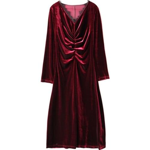 PERHAPS U Women Elegant Red Wine Black Navy Blue V Neck Velvet Lace Patchwork Ruched Long Sleeve Split Knee Length Dress D2093
