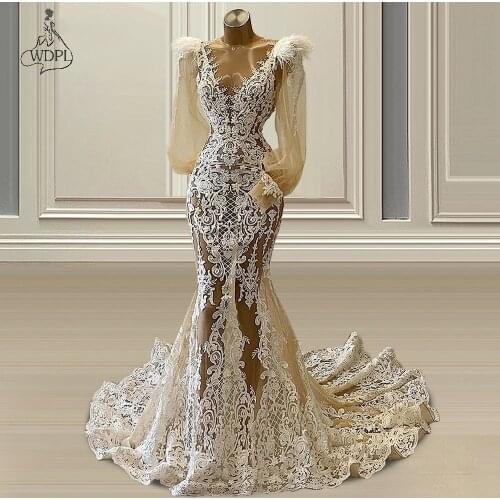 Illusion Dubai Arabic Evening Dresses 2021 Long Sleeves Robe De Soirée Muslim Party Gowns Abiti Da Cerimonia Mermaid Prom Dress