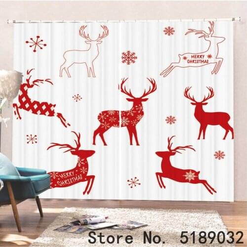 Merry Christmas Decor Curtain Gift Box Elk Print Cartoon Window Drapes for Living Room Bedroom 3D Print Holiday Window Treatment