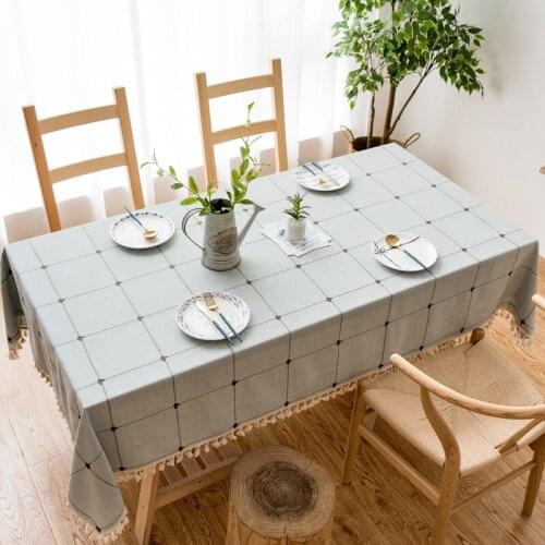Home Dining Table Cloth Restaurant Grey Checked Print Rectangular Cloth With Tassel kitchen Decorative Linen Green Tablecloth