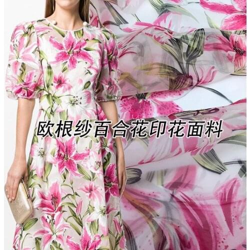 Pink Lily Organza Printed Polyester Printed Fabric Thin See-through Clothing Shirt Brand Diy Cloth for Dress Fabrics Per Meter
