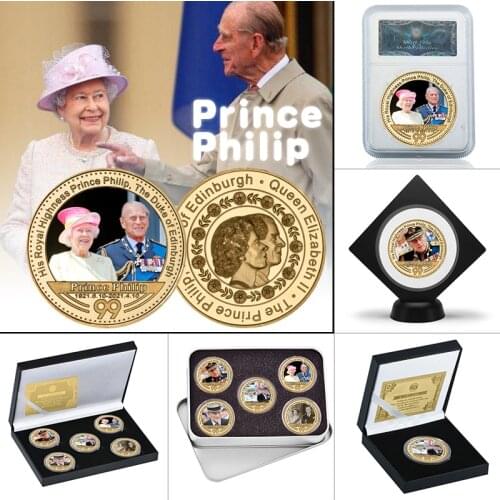 WR The Prince Philip Duke of Edinburgh Gold Plated Commemorative Coins Set UK Royal Family Queen Challenge Coin Souvenir Gifts