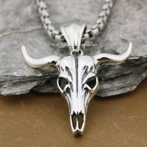 925 Sterling Silver Top Quality Charm Big Buffalo Skull Bull Horn Pendant 8B004B_#24"