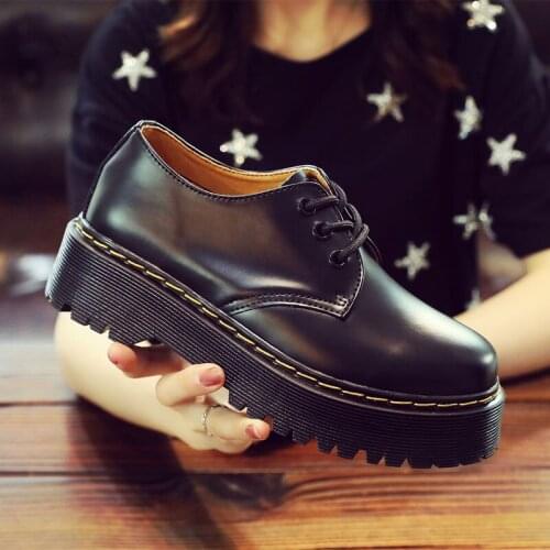 Womens Breathable Bright Soft Leather Lace-Up Round Head Martin Boots Thick-Soled Retro British Style Low-Cut Thin Ankle Boots